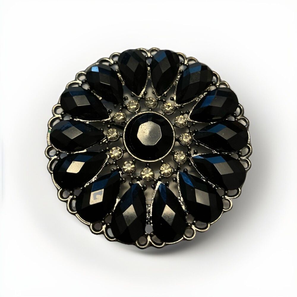 Vintage Premier Designs Black Rhinestone Brooch Pin Autumn Winter PD Hallmark